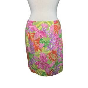 Vintage 90s LILLY PULITZER Pink Tree Frog Print Pencil Skirt Lined Size 10 Leaf